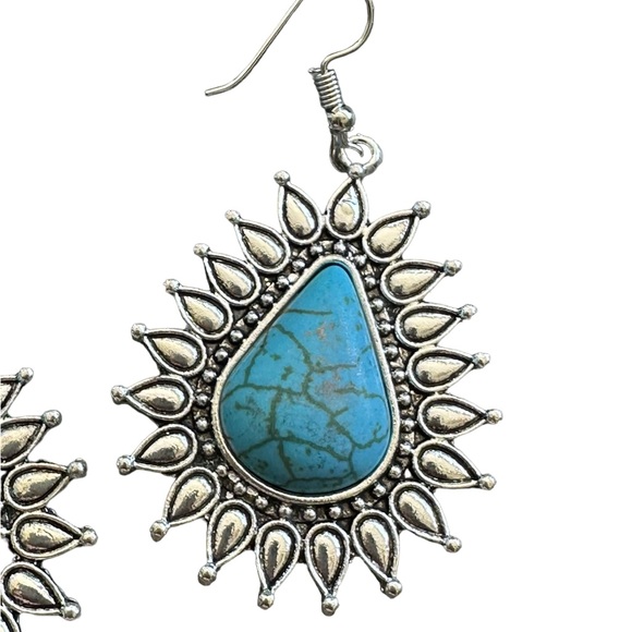 Boho Large Silver and Turquoise Flower Drop Earrings - Picture 3 of 5